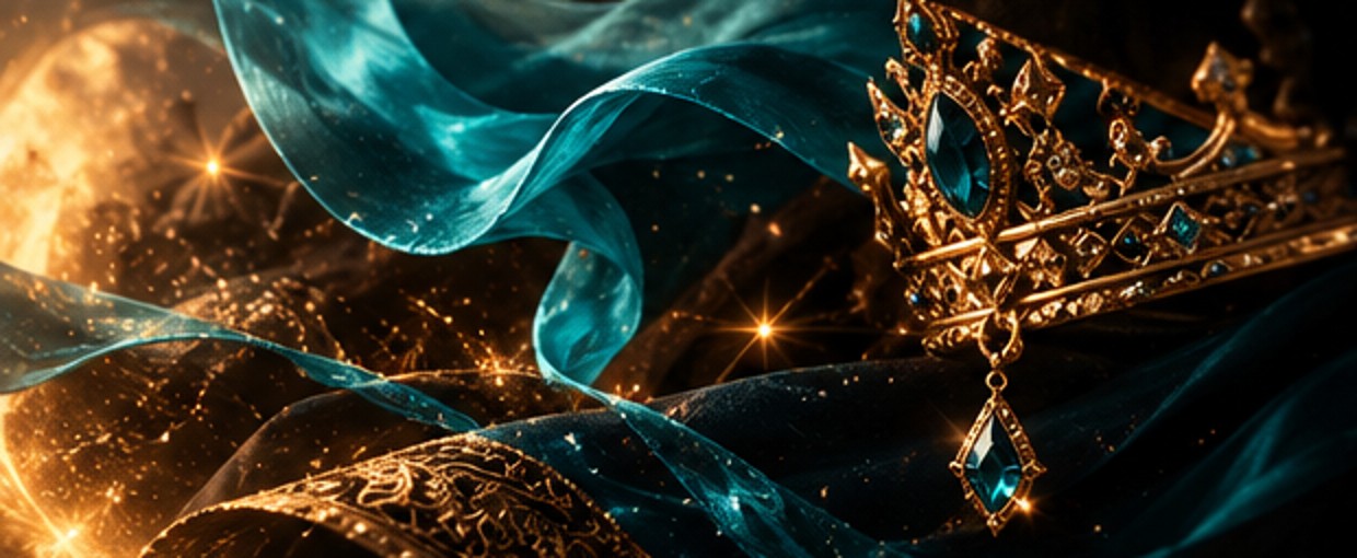 Surreal golden crown and turquoise silk